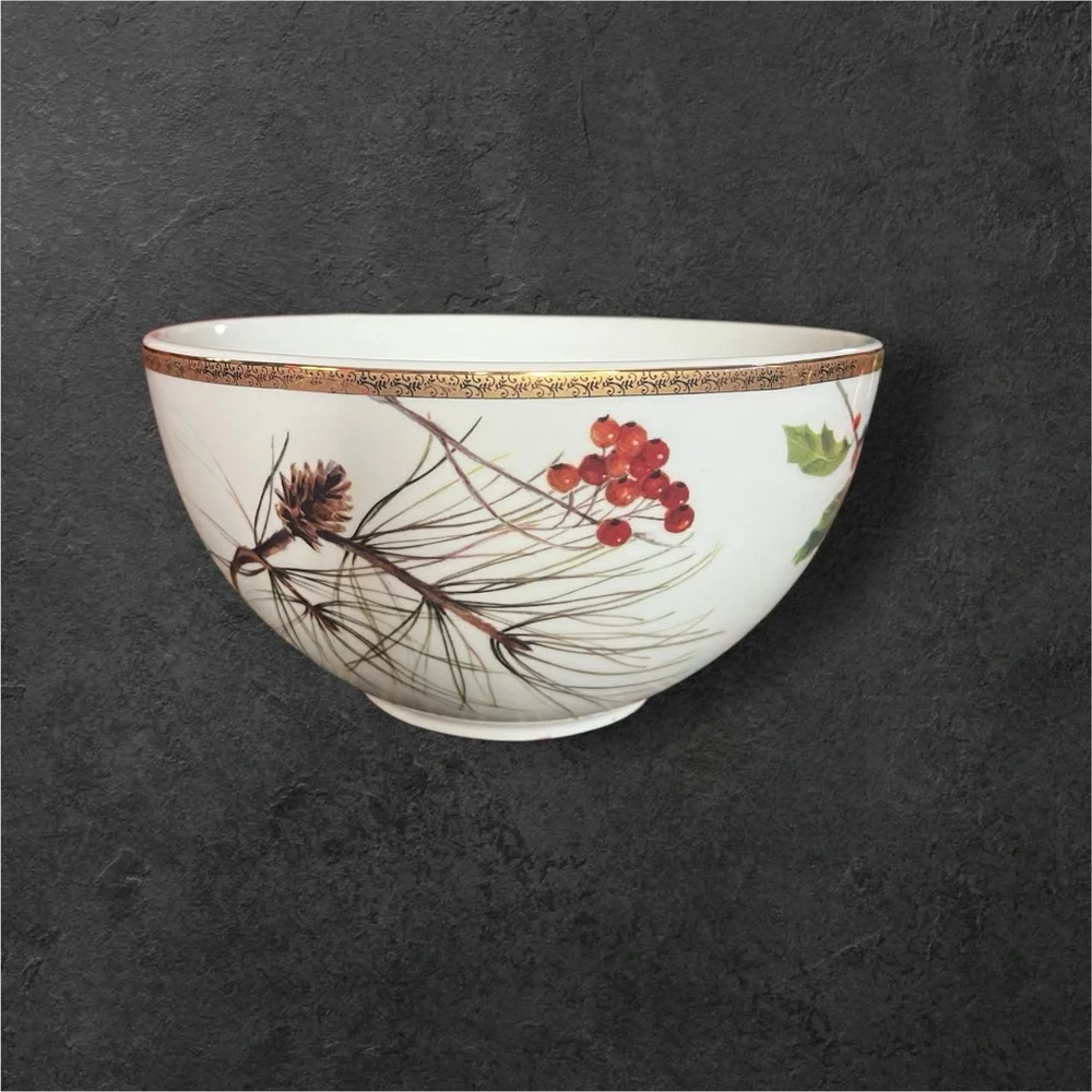 St. Nicholas Square Holiday Laurel Serving Bowl. 18K dual gold band. 9.5”.
